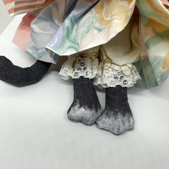 SOLD Vintage Cat Doll Handmade Hand Painted Wood Fabric Lace Art Candy Stripe - Picture 4 of 6
